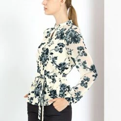 Allegra K Women's Elegant Work Shirts Long Raglan Sleeve Collared Tops Floral Peplum Blouses