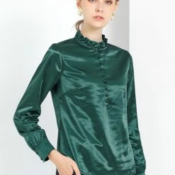 Allegra K Women's Ruffle Mock Neck Button Front Long Sleeve Casual Blouse Work Shirt