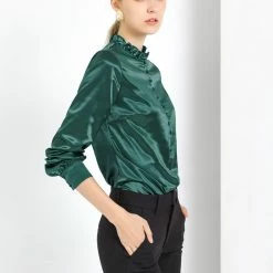 Allegra K Women's Ruffle Mock Neck Button Front Long Sleeve Casual Blouse Work Shirt