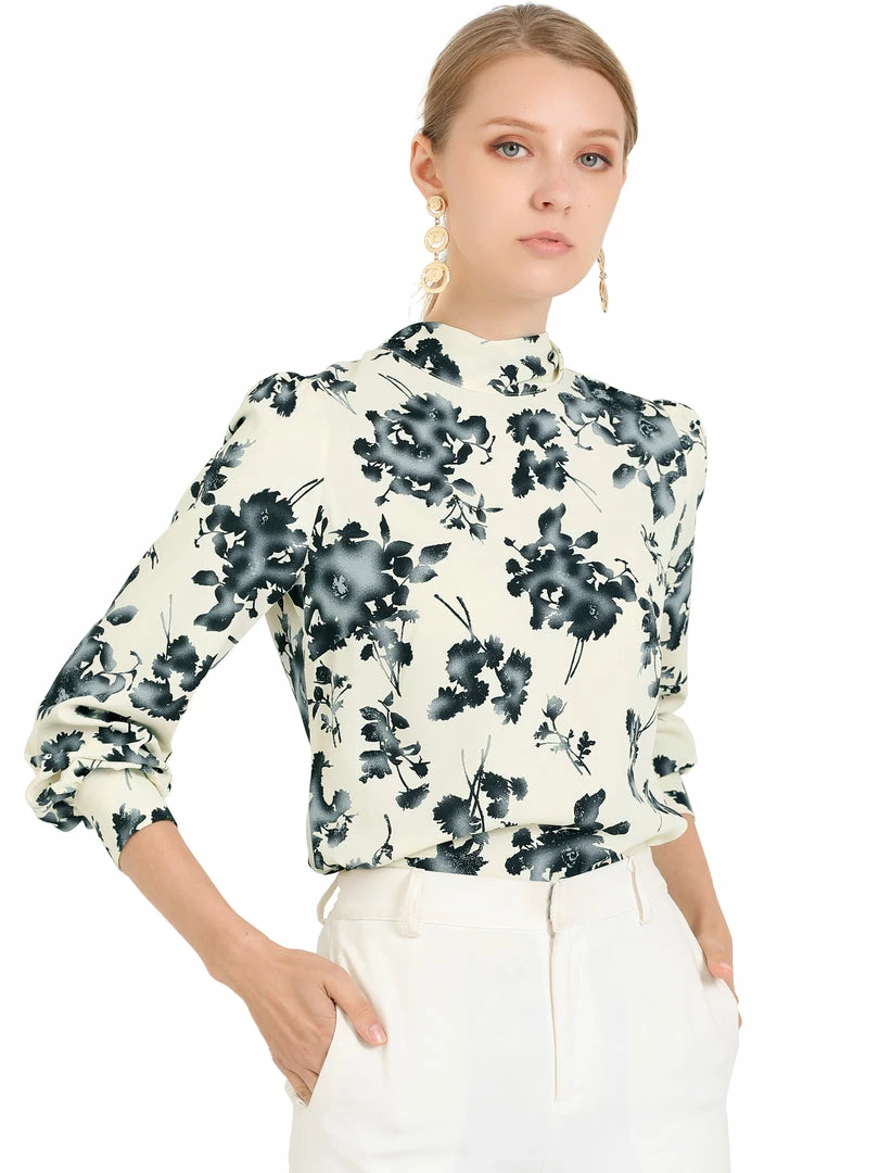 Allegra K Women's Tie Back Mock Neck Long Sleeve Floral Printed Blouse 3 Allegra K Women's Tie Back Mock Neck Long Sleeve Floral Printed Blouse