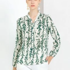 Allegra K Women's Tie Neck Floral Printed Bishop Sleeve Elegant Work Top Blouse