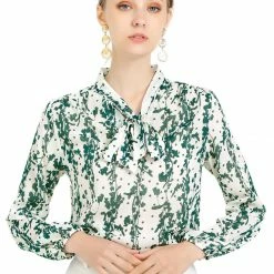 Allegra K Women's Tie Neck Floral Printed Bishop Sleeve Elegant Work Top Blouse