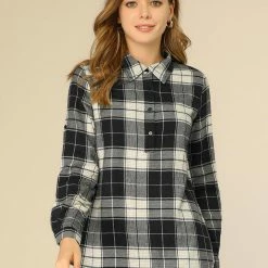 Allegra K Women's Roll Up Sleeve Collar Half Placket Plaid Tunic Shirt