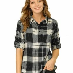 Allegra K Women's Roll Up Sleeve Collar Half Placket Plaid Tunic Shirt