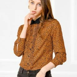 Allegra K Women's Work Office Tops Blouses Long Sleeve Pintuck Dots Button Up Shirts