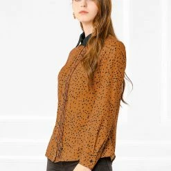 Allegra K Women's Work Office Tops Blouses Long Sleeve Pintuck Dots Button Up Shirts