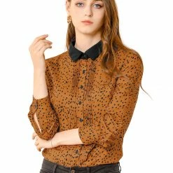 Allegra K Women's Work Office Tops Blouses Long Sleeve Pintuck Dots Button Up Shirts