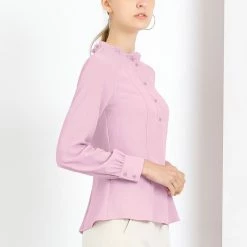 Allegra K Women's Ruffle Neck Long Gigot Sleeve Half Placket Solid Top