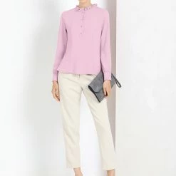 Allegra K Women's Ruffle Neck Long Gigot Sleeve Half Placket Solid Top