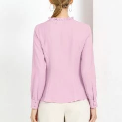 Allegra K Women's Ruffle Neck Long Gigot Sleeve Half Placket Solid Top