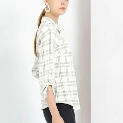 Allegra K Women's Roll Up Long Sleeves Button Down Work Plaid Shirt