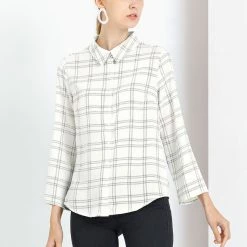 Allegra K Women's Roll Up Long Sleeves Button Down Work Plaid Shirt