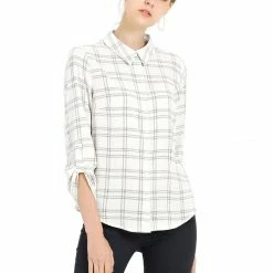 Allegra K Women's Roll Up Long Sleeves Button Down Work Plaid Shirt