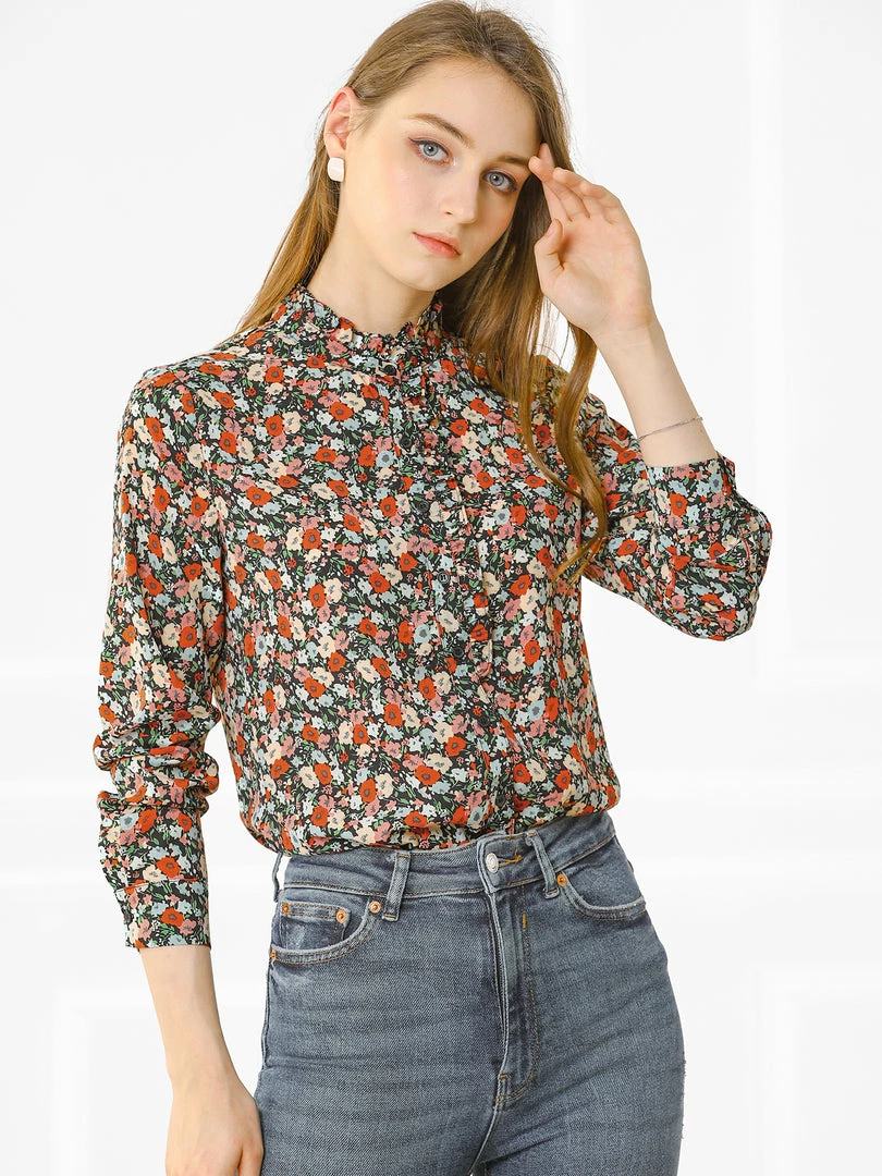 Allegra K Women's Floral Button Up Ruffle Stand Collar Long Sleeve Shirt 6 Allegra K Women's Floral Button Up Ruffle Stand Collar Long Sleeve Shirt