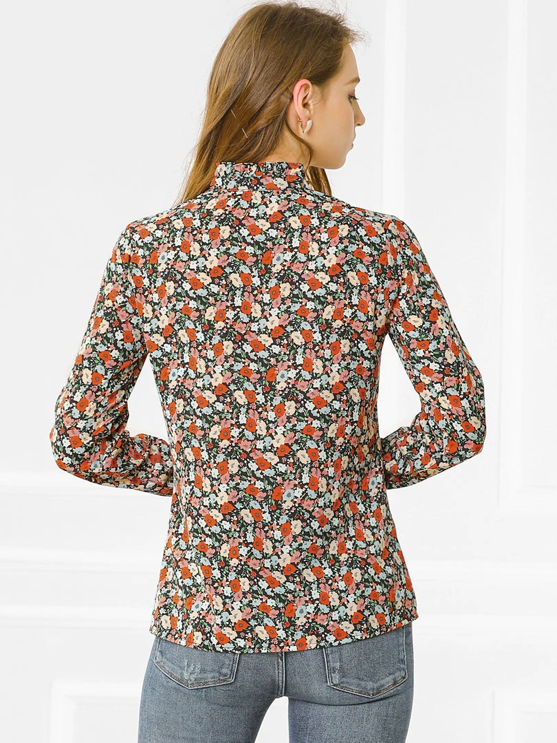 Allegra K Women's Floral Button Up Ruffle Stand Collar Long Sleeve Shirt 7 Allegra K Women's Floral Button Up Ruffle Stand Collar Long Sleeve Shirt
