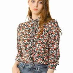 Allegra K Women's Floral Button Up Ruffle Stand Collar Long Sleeve Shirt