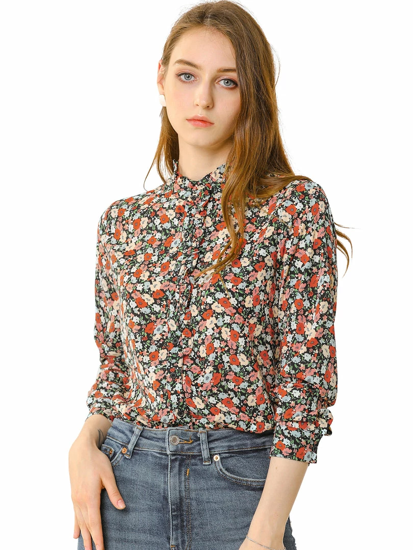 Allegra K Women's Floral Button Up Ruffle Stand Collar Long Sleeve Shirt 3 Allegra K Women's Floral Button Up Ruffle Stand Collar Long Sleeve Shirt