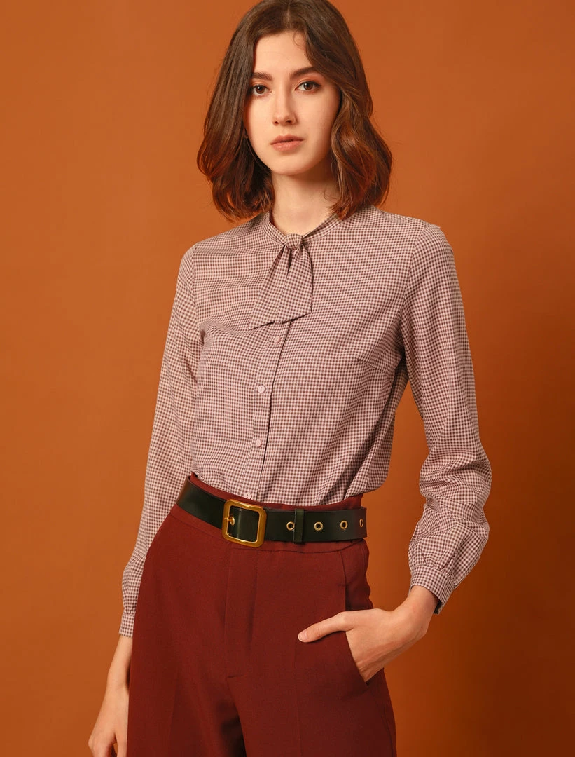 Allegra K Women's Tie Neck Stand Collar Long Sleeve Plaids Blouse Shirt 4 Allegra K Women's Tie Neck Stand Collar Long Sleeve Plaids Blouse Shirt