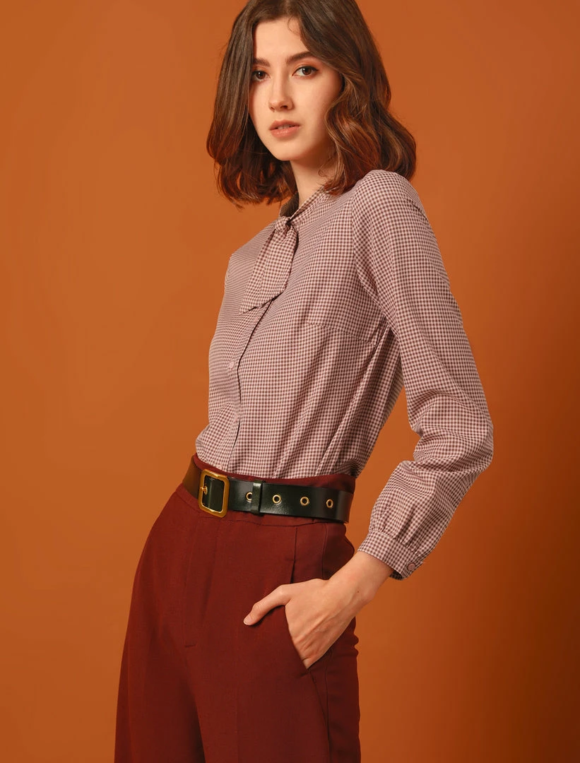 Allegra K Women's Tie Neck Stand Collar Long Sleeve Plaids Blouse Shirt 5 Allegra K Women's Tie Neck Stand Collar Long Sleeve Plaids Blouse Shirt