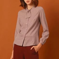 Allegra K Women's Tie Neck Stand Collar Long Sleeve Plaids Blouse Shirt 17 Allegra K Women's Tie Neck Stand Collar Long Sleeve Plaids Blouse Shirt