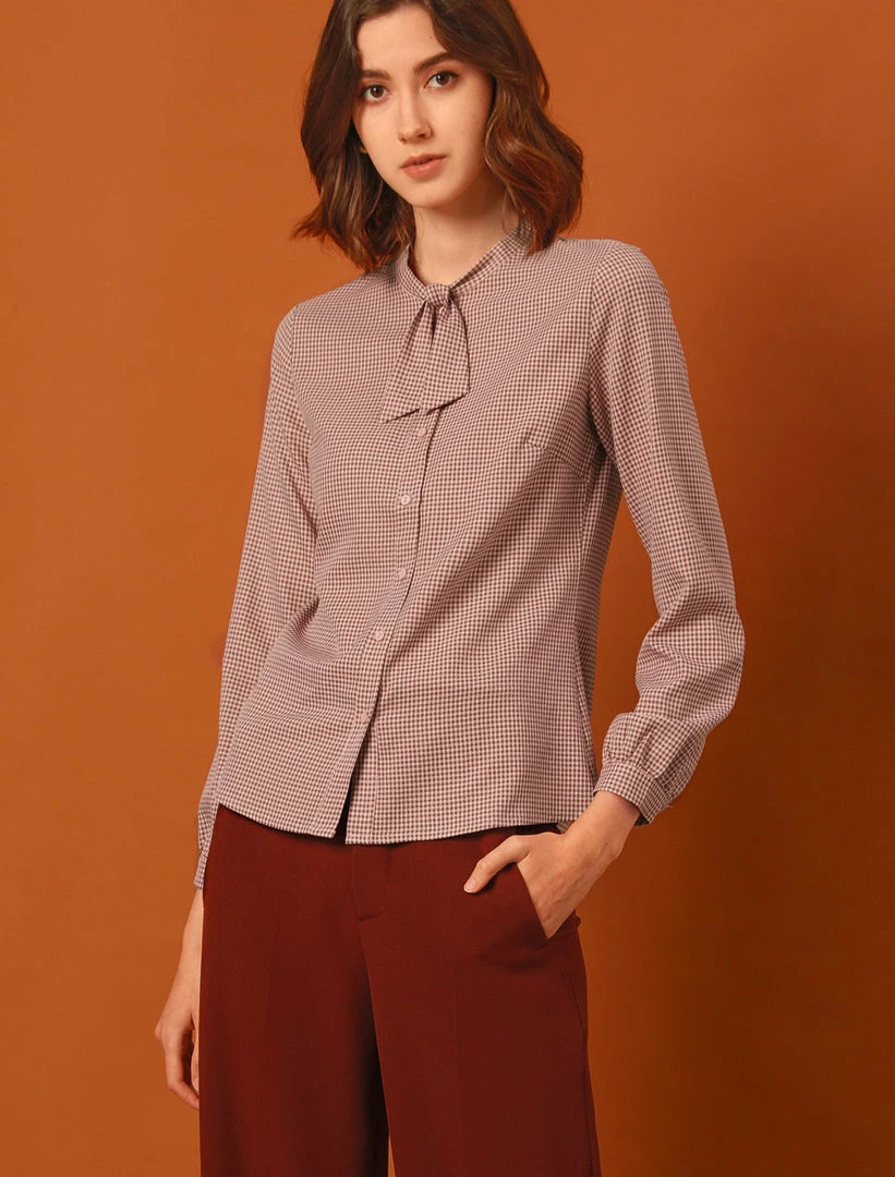Allegra K Women's Tie Neck Stand Collar Long Sleeve Plaids Blouse Shirt 6 Allegra K Women's Tie Neck Stand Collar Long Sleeve Plaids Blouse Shirt