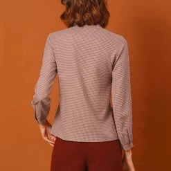 Allegra K Women's Tie Neck Stand Collar Long Sleeve Plaids Blouse Shirt 18 Allegra K Women's Tie Neck Stand Collar Long Sleeve Plaids Blouse Shirt