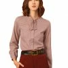 Allegra K Women's Tie Neck Stand Collar Long Sleeve Plaids Blouse Shirt
