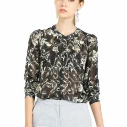 Allegra K Women's Leaves Printed Button Down Elegant Casual Top Shirt
