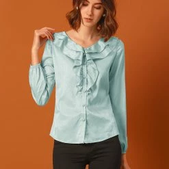 Allegra K Women's Ruffle V-Neck Textured Shiny Satin Long Puff Sleeve Button Up Shirt