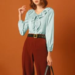 Allegra K Women's Ruffle V-Neck Textured Shiny Satin Long Puff Sleeve Button Up Shirt 16 Allegra K Women's Ruffle V-Neck Textured Shiny Satin Long Puff Sleeve Button Up Shirt