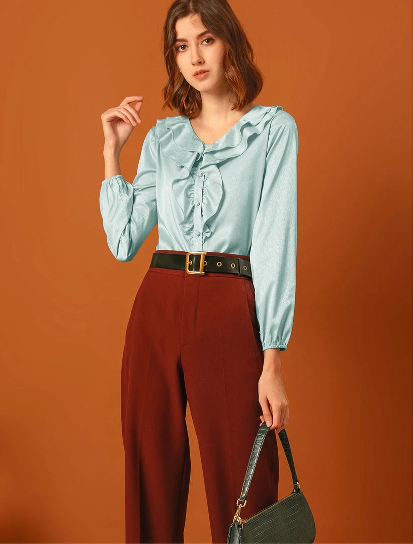 Allegra K Women's Ruffle V-Neck Textured Shiny Satin Long Puff Sleeve Button Up Shirt 5 Allegra K Women's Ruffle V-Neck Textured Shiny Satin Long Puff Sleeve Button Up Shirt