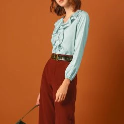 Allegra K Women's Ruffle V-Neck Textured Shiny Satin Long Puff Sleeve Button Up Shirt 17 Allegra K Women's Ruffle V-Neck Textured Shiny Satin Long Puff Sleeve Button Up Shirt