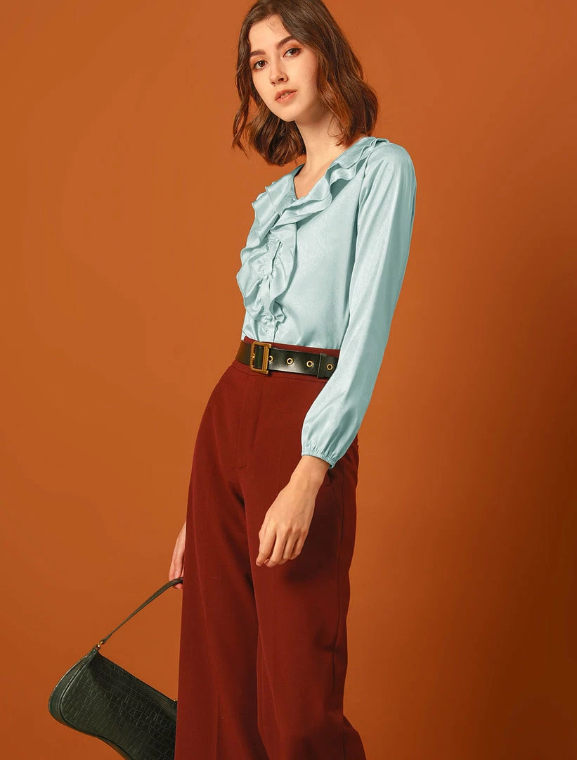 Allegra K Women's Ruffle V-Neck Textured Shiny Satin Long Puff Sleeve Button Up Shirt 6 Allegra K Women's Ruffle V-Neck Textured Shiny Satin Long Puff Sleeve Button Up Shirt