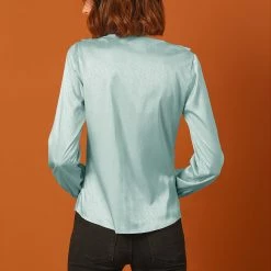 Allegra K Women's Ruffle V-Neck Textured Shiny Satin Long Puff Sleeve Button Up Shirt 18 Allegra K Women's Ruffle V-Neck Textured Shiny Satin Long Puff Sleeve Button Up Shirt