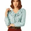 Allegra K Women's Ruffle V-Neck Textured Shiny Satin Long Puff Sleeve Button Up Shirt