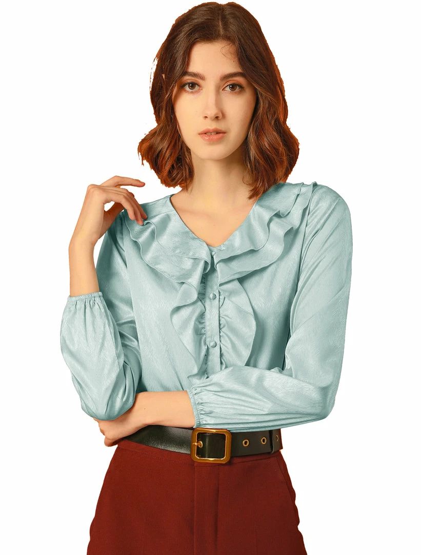 Allegra K Women's Ruffle V-Neck Textured Shiny Satin Long Puff Sleeve Button Up Shirt 3 Allegra K Women's Ruffle V-Neck Textured Shiny Satin Long Puff Sleeve Button Up Shirt