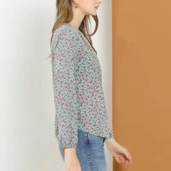 Allegra K Women's Casual Pleated Front Half Placket Long Sleeve Top Floral Blouse