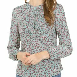 Allegra K Women's Casual Pleated Front Half Placket Long Sleeve Top Floral Blouse