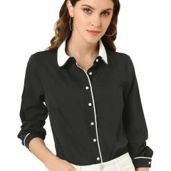 Allegra K Women's Peter Pan Collar Shirt Long Sleeve Vintage Work Button Down Blouse Top
