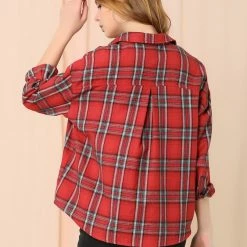 Allegra K Women's Plaid Shirts Button Down Long Sleeve Pockets Oversized Tunics Blouse