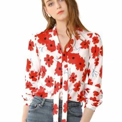 Allegra K Women's Floral Bow Tie V Neck Puff Sleeve Shirt Casual Tops