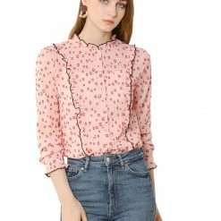 Allegra K Women's Ruffled Collar Contrast Piped Semi Sheer Button Front Dots Shirt Top