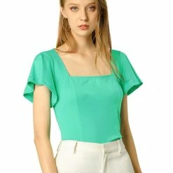 Allegra K Women's Work Office Square Neck Flutter Sleeve Solid Blouse Top