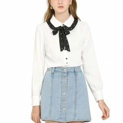 Allegra K Women's Contrast Color Work Office Bow Tie Peter Pan Collar Shirt