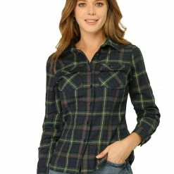 Allegra K Women's Casual Long Sleeve Cotton Button Down Plaid Shirt