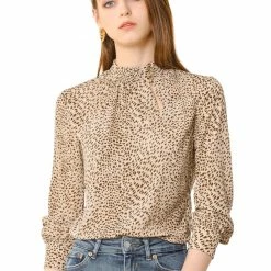 Allegra K Women's Ruffle Mock Neck Print Blouse Button Keyhole Long Sleeves Tops
