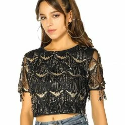 Allegra K Women's Sequin Shiny Glitter Crop Top Short Sleeves Tassel T-Shirt
