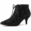 Allegra K Women's Pointed Toe Lace Up Stiletto Kitten Heel Lace Booties
