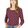 Allegra K Women's Stretchy Cotton Slim Scoop Neck Long Sleeve Polka Dots Knitted Top