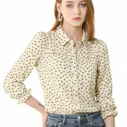 Allegra K Women's Heart Printed Point Collar Tie Bow Neck Button Down Shirt Blouse